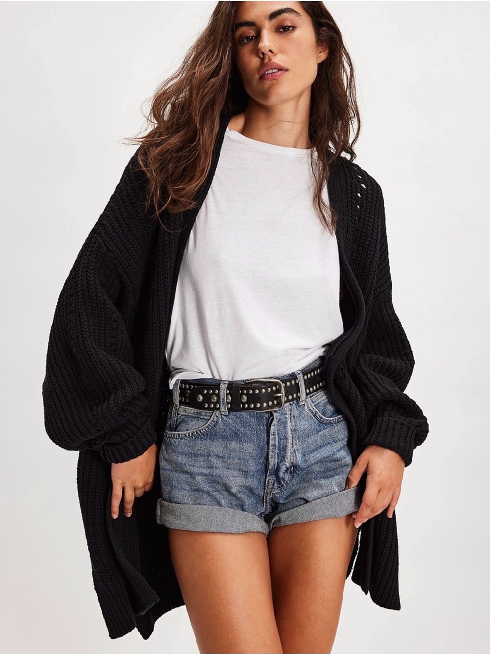 Free People Black Nightingale Cardigan Sweater Oversized Chunky Knit Slouchy L
